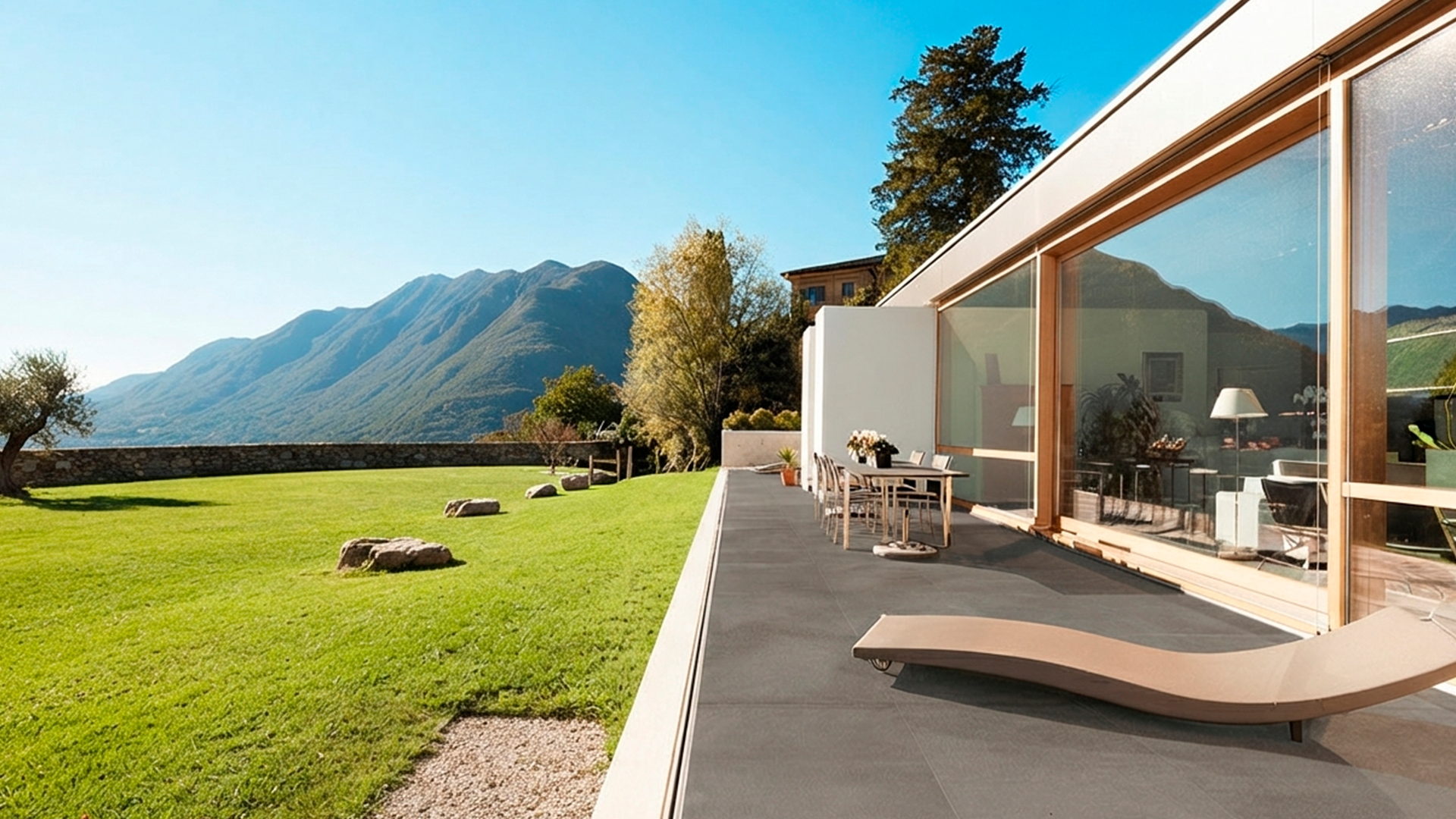 Galería con piso de exterior gris de gran formato, jardín y sierras de fondo